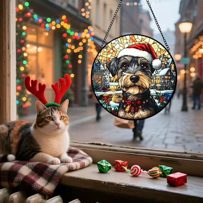 Stained Glass Window Hanging - Christmas Dog on Snowy Streets Suncatcher fof Garden Home Decor for Women Mon Grandma Friends