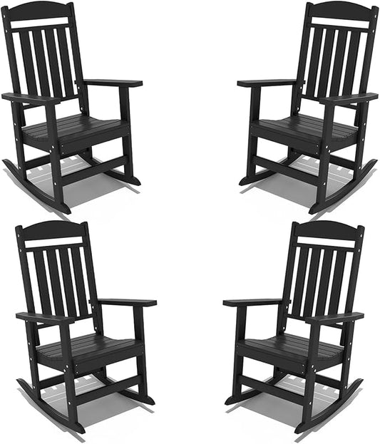 FOOWIN Outdoor Rocking Chair Set of 4,High Back Patio Rocking Chair, HDPE All Weather Resistant Porch Rocker for Adult, Oversized Rocking Chairs for Garden, Lawn, Indoor & Outdoor Use, Black