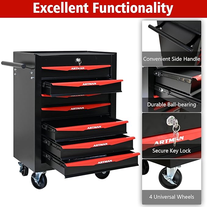 7 Drawers Tool Cart on Wheels, Multifunctional Rolling Tool Storage Chest, Drawers Rolling Trolley Organizer Tool Box for Warehouse, Garage, Workshop, Repair Shop (7 Drawers-30.5" H)