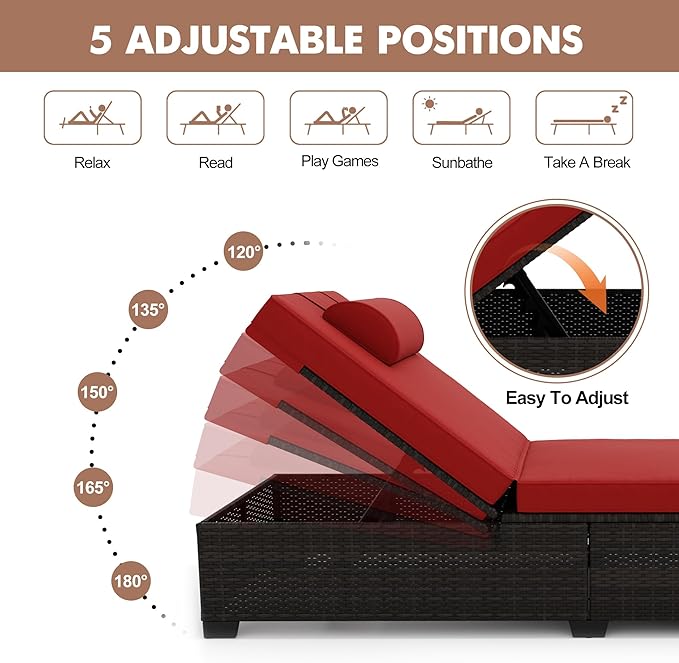 Outdoor PE Wicker Chaise Lounge Chairs, Set of 2, Brown Rattan, Modern Style, Adjustable Backrest, Recliners with Red Cushion