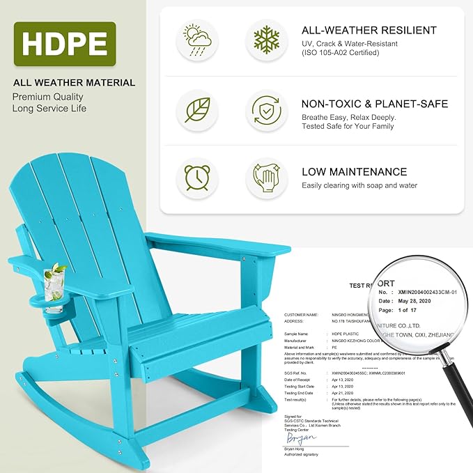 Outdoor Rocking Chairs Set of 4, HDPE Poly All-Weather Patio Rocking Chairs with Cup Holder for Adults, Porch Rocker for Deck Patio Balcony, 440lbs, Turquoise
