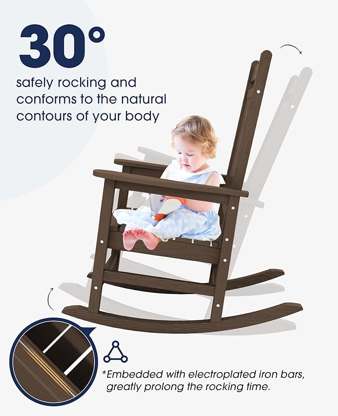 KINGYES Oversized Outdoor Rocking Chair Set of 2, All-Weather Patio Rocking Chairs for Porch, HDPE Outdoor Patio Rockers with High Back & Wide Seat for Garden, Lawn, Brown