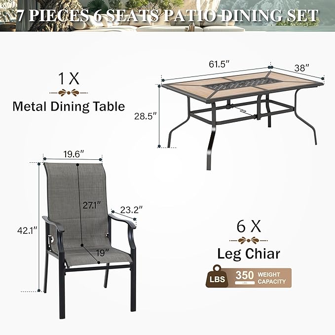 HERA'S HOUSE 7 Pieces Patio Dining Set, Outdoor Dining Set for 6, 6 x All Weather Textilene Padded Patio Dining Chair, 1 x Rectangular Large Surface Wood Like Dining Table, for Lawn Garden Backyard