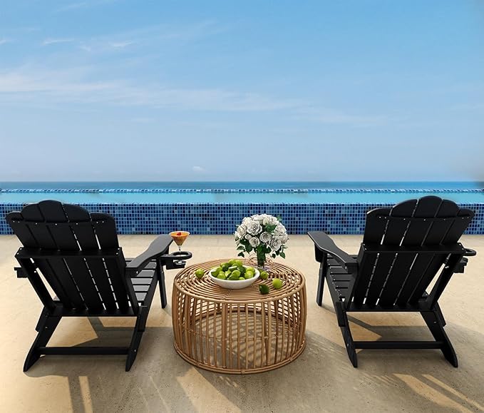FOOWIN Adirondack Chair Set of 4, Folding Adirondack Chair with Cup Holder, HDPE All-Weather Fire Pit Chair for Patio, Garden, Backyard, Poolside, Black