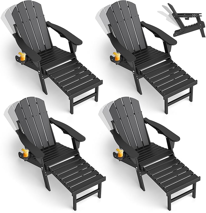 GREENVINES Adjustable Adirondack Chair with Retractable Ottoman Set of 4 | Folding | HDPE Plastic | Fire Pit Chairs w/Foot Rest | 2 Cup Holders | Black | for Outdoor Patio Poolside Deck