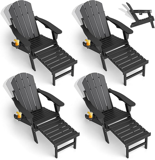 GREENVINES Adjustable Adirondack Chair with Retractable Ottoman Set of 4 | Folding | HDPE Plastic | Fire Pit Chairs w/Foot Rest | 2 Cup Holders | Black | for Outdoor Patio Poolside Deck