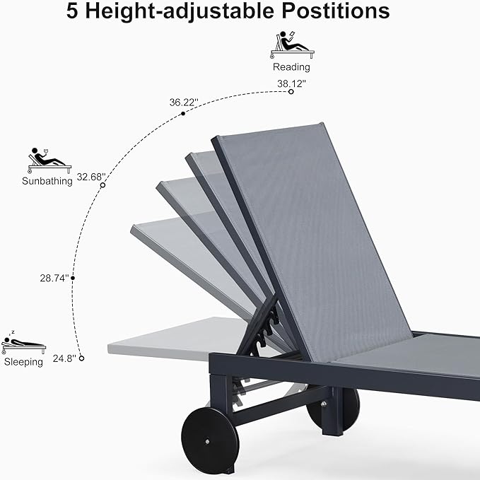 PURPLE LEAF Outdoor Chaise Lounge with Wheels for Outside 2 Pieces Aluminum Patio Lounge Chair with 5 Adjustable Position for Outdoor, Beach, Yard, Pool, Side Table Included, Grey