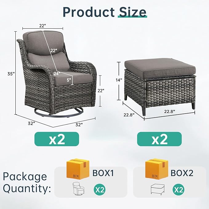 Outdoor Swivel Rocker Patio Chairs with 2 Ottomans - 5" Thick Cushion 4 Piece Furniture Set All Weather Comfortable Wicker Conversation Set for Porch Poolside and Deck - Gray/Gray