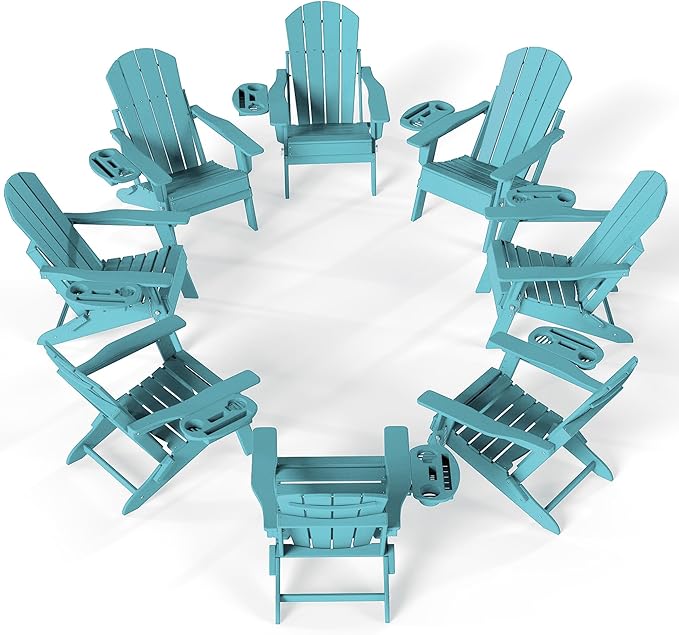 FOOWIN Folding Adjustable Adirondack Chair Set of 8,HDPE Adirondack Chair w/4 in 1 Cup Holder Trays,All-Weather Resistant Fire Pit Chair, Outdoor Chair for Patio Lawn Poolside,400lbs,Lake Blue