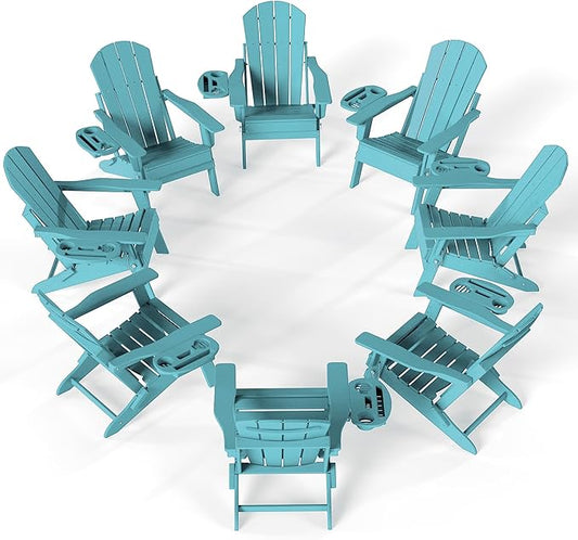 FOOWIN Folding Adjustable Adirondack Chair Set of 8,HDPE Adirondack Chair w/4 in 1 Cup Holder Trays,All-Weather Resistant Fire Pit Chair, Outdoor Chair for Patio Lawn Poolside,400lbs,Lake Blue
