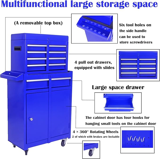 5 Drawer Rolling Tool Chest,Tool Storage Cabinet & Tool Box Cart with Wheels, Big Tools Removable Tool Box Combo,Tools Storage Boxs,Tools Case for Garage Warehouse Workshop (Blue)