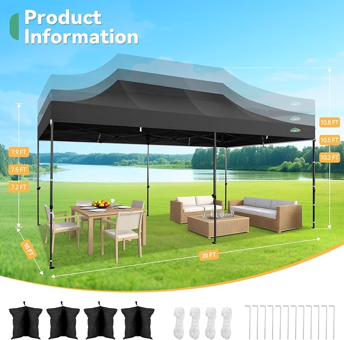 COBIZI 10x20 Heavy Duty Pop up Canopy with 6 Sidewalls, Easy Set-up Commercial Outdoor Party Tent, 100% Waterproof Tent for Parties Weddings Events, Gazebo with Wheeled Bag, Black