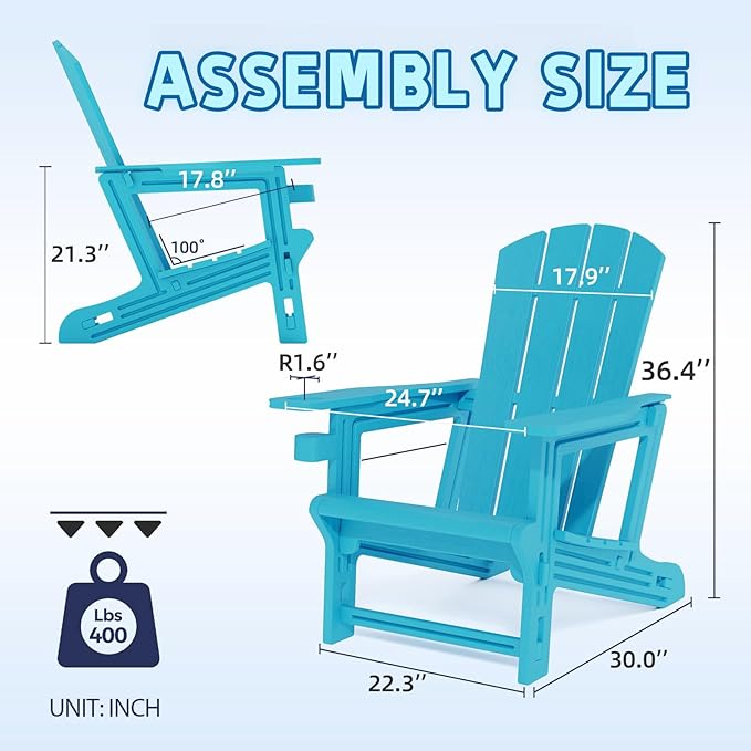 Adirondack Chairs Set of 4,Adirondack Chair with Cup Holders,Wooden Textured Plastic Fire Pit Chair,All-Weather Outdoor Patio Chairs for Lawn,Backyard Deck, Porch,400LBS Heavy-Duty,Sky Blue