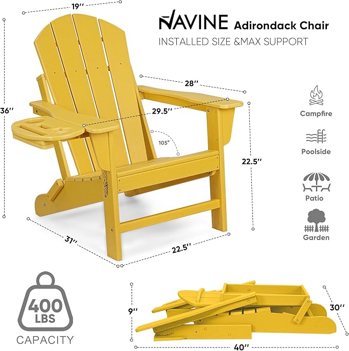 Adirondack Chair Set of 4, HDPE Folding Adirondack Chair with Multifunctional Cup Holder, Weather Resistant Fire Pit Chair for porches, patios, poolsides, Decks.