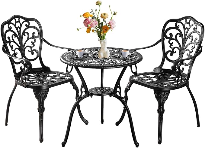 3 Piece Patio Bistro Set,Cast Aluminum Outdoor Bistro Table and Chair Set of 2 with 1.97" Umbrella Hole,All Weather Patio Furniture Set for Garden,Porch(Black)