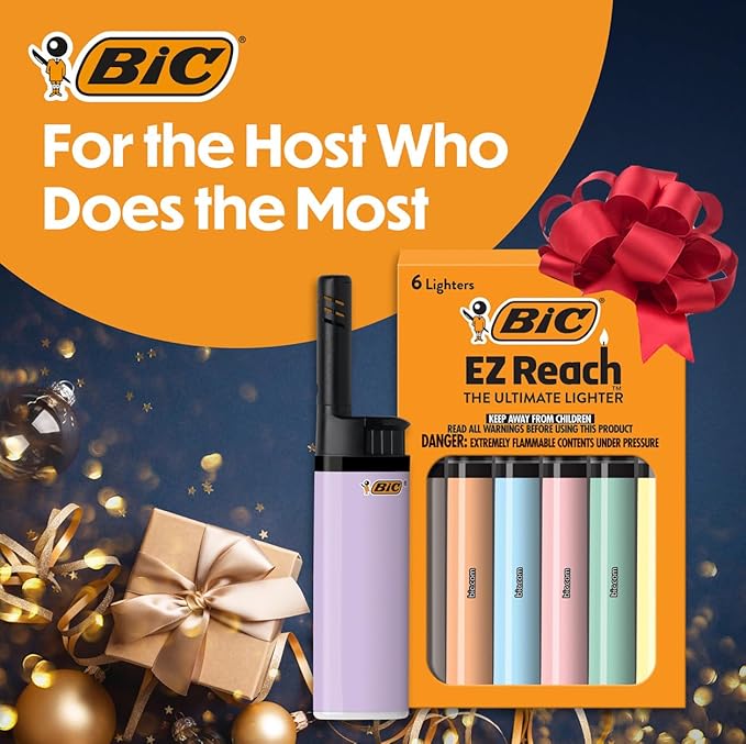 BIC EZ Reach Lighters, Candle Lighters for Stocking Stuffers, Pastel Collection, 6-Pack