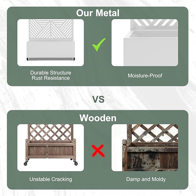 Metal Raised Garden Beds with Privacy Screen for Outdoor Plants, Planter Box with Trellis & Wheels, Flower Boxes with Drainage Holes (35" L×16" W×71" H, White Zodiac)