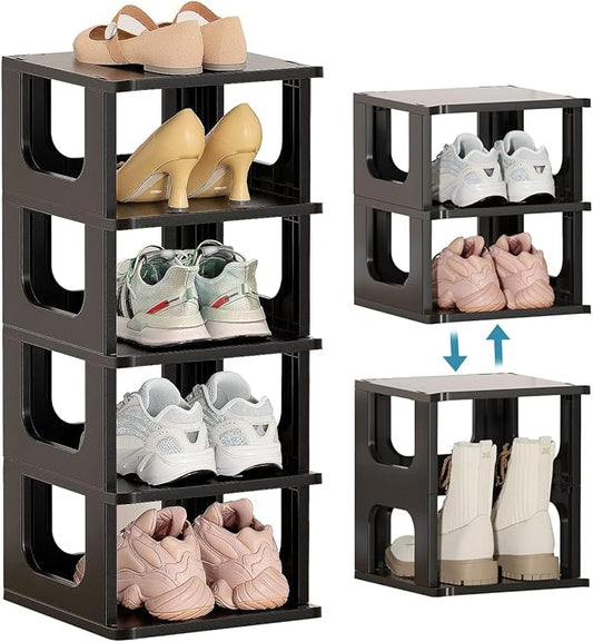 HAIXIN Shoe Organizer Rack for Small Spaces 5 Tier Plastic Vertical Narrow Shelves for Closet Black Shoe Holder, Stand for Entryway Storage Boots Organizer Stackable Cabinet