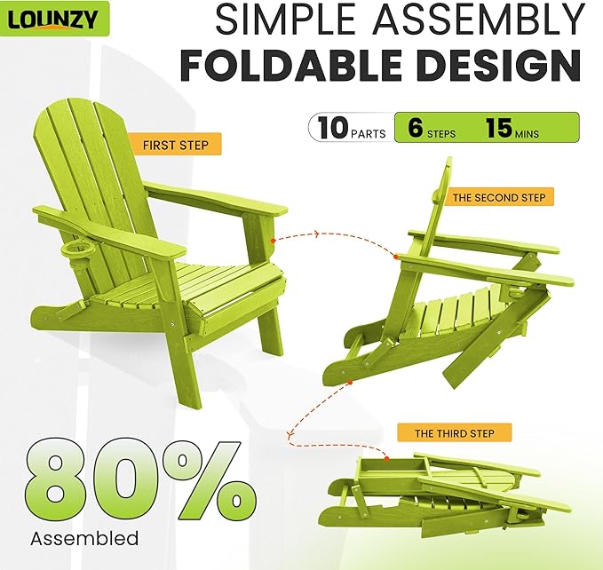 LOUNZY Folding Adirondack Chair Set of 6, Lime