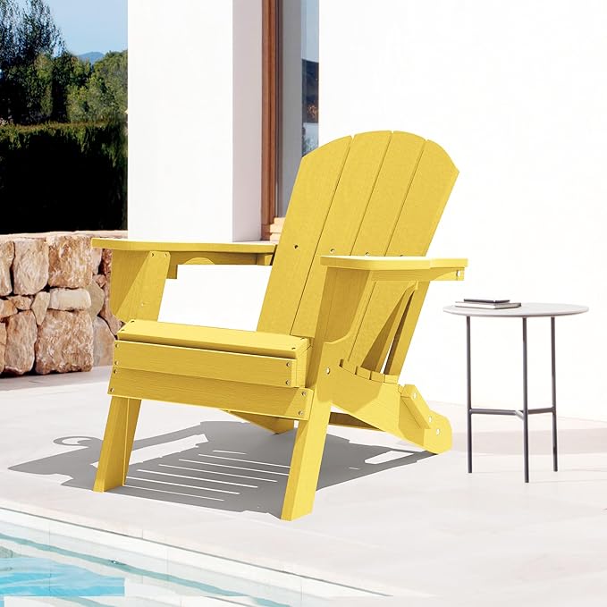 LOUNZY Folding Adirondack Chair with Cup Holder, HDPE All-Weather Folding Patio Chair, Outdoor Patio Adirondack Chair for Lawn Porch Garden Backyard Deck Fire Pit, Yellow