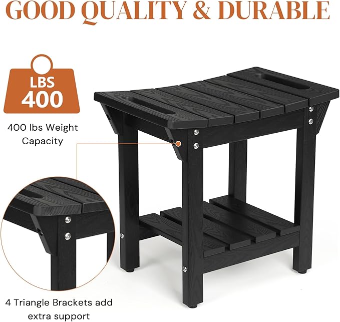 Stoog Shower Bench, Waterproof Shower Stool with Storage Shelf and Handles, Adjustable and Non-Slip Feet (Black, 18.6")