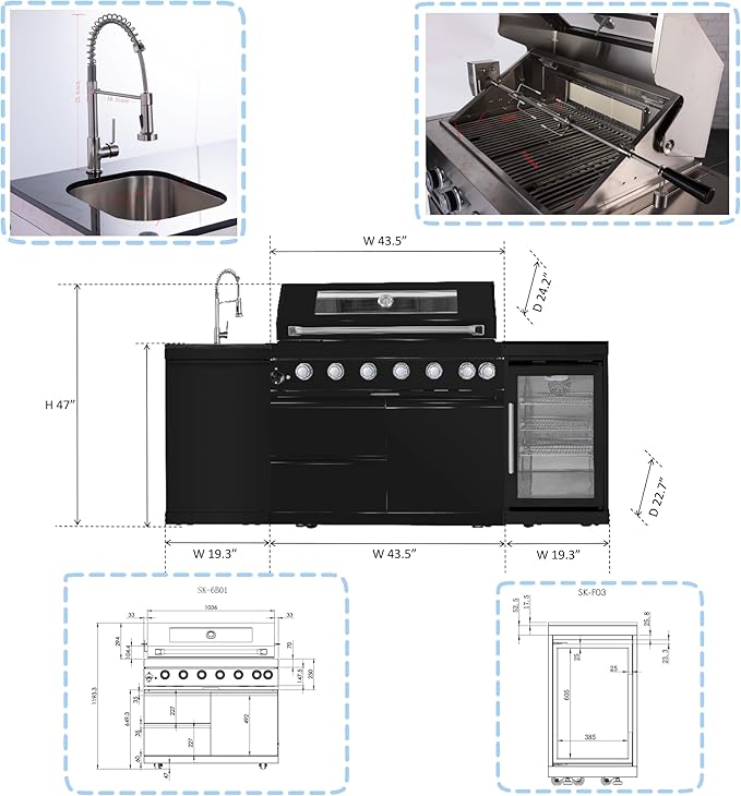 82 Inches 6-Burner 85000 BTU Deluxe Stainless Steel Propane Gas Outdoor Kitchen Bar Barbecue Island Grill, Wine Cooler Compact Refrigerator, Granite Countertops, Stainless Steel Sink, Black