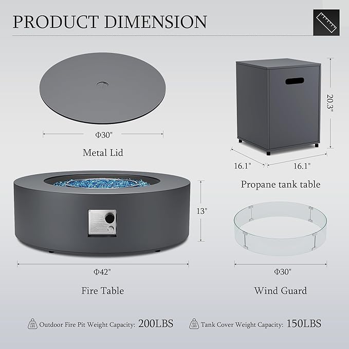 UPHA 42-inch Outdoor Propane Gas Fire Pit Table 50000 BTU Iron Round Firepit for Outside Patio with Tank Hidden Table, Wind Guard, Removable Lid, Blue Glass Rocks, Rain Cover, Grey