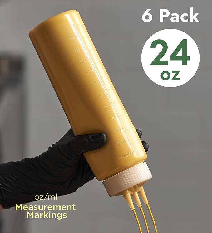 CURTA 6-Pack 24 oz Clear Squeeze Bottle with 3 Open Tips, BPA-Free Easy-to-Squeeze Plastic Condiment Dispenser with oz & ml Markings for Sauce, Oil, Dressing, Dishwasher Safe, White