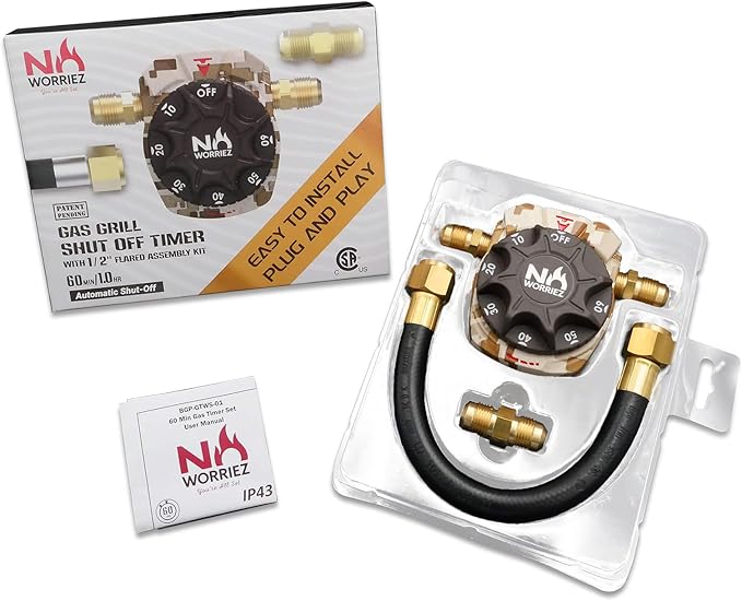 NO WORRIEZ Safety Auto Shut-Off Gas Timer for Propane & Natural Gas | Outdoor Grill, Fire Pit, Pizza Oven | – 100,000 BTU w/ 1/2" Flared Connector & Hose & flare male adapter, Patent Pending