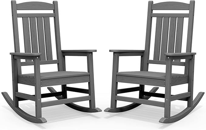 SERWALL Outdoor Rocking Chair Set of 2, HDPE Patio Rocking Chair, All-Weather Porch Rocker for Balcony, Yard, Gray