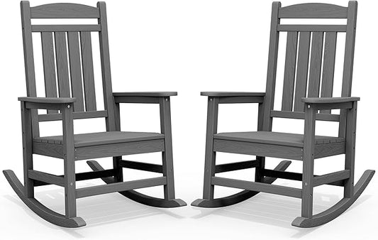 SERWALL Outdoor Rocking Chair Set of 2, HDPE Patio Rocking Chair, All-Weather Porch Rocker for Balcony, Yard, Gray