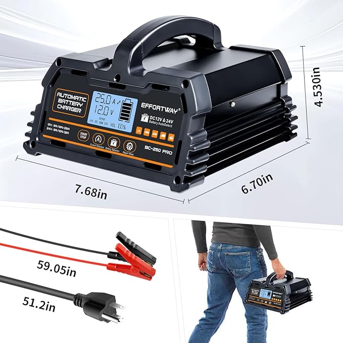 25A Battery Charger, 12V/24V Lead Acid, 12V LiFePO4. Smart Battery Charger with Trickle Charge. Car Battery Maintainer with LCD Display. Suitable for Trucks, Motorcycles