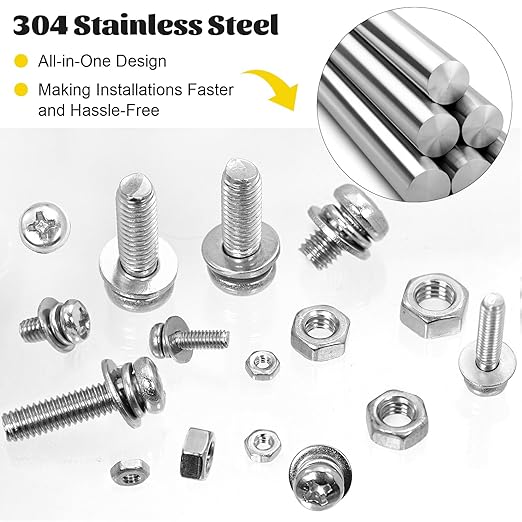 640PCS Machine Screws Assortment Kit, M2 M2.5 M3 M4 M5 Nuts and Bolts Assorted Set, 304 Stainless Steel Metric Combination Screw with Fixed Washers (All-in-One Design)
