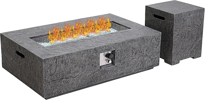 NAGA HABNA 48 Inch Propane Fire Pit Table, Outdoor Rectangle Fire Table w Tank Table (50,000 BTU), 2 Piece Slate Gas Fire Pit in Dark Grey w White Fire Glass for Garden, Pool, Backyard