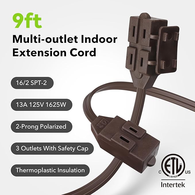 BN-LINK 9ft Indoor Extension Cord, 2 Pack, 3-Outlet Polarized Flat Cable, Household Power Cord for Home, Office, and Holiday Decorations, Brown