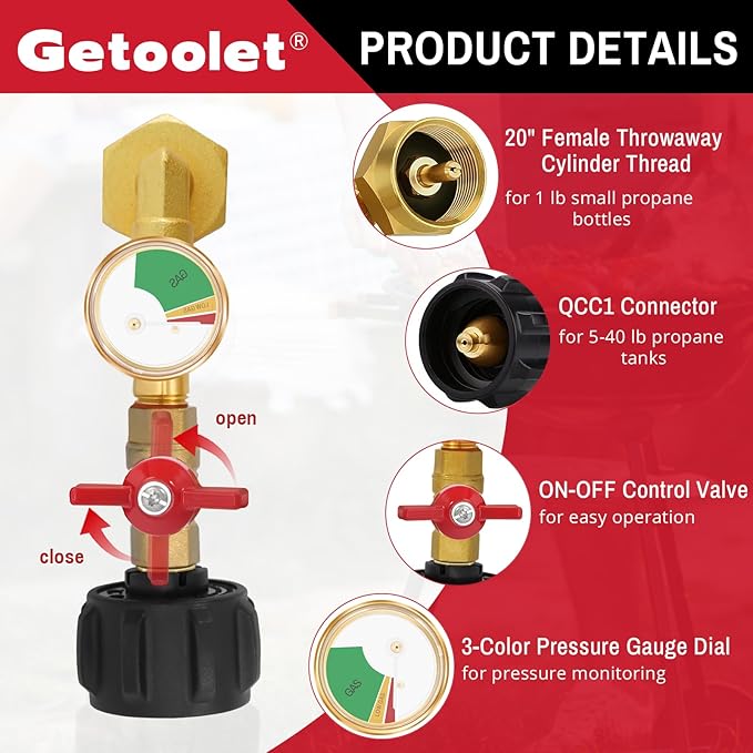 Propane Refill Adapter for 1 lb. Tanks, Propane Refill Elbow Adapter with Valve and Gauge, Propane Adapter 20lb to 1lb Converter with 4 Caps for 1 Pound Propane Bottles