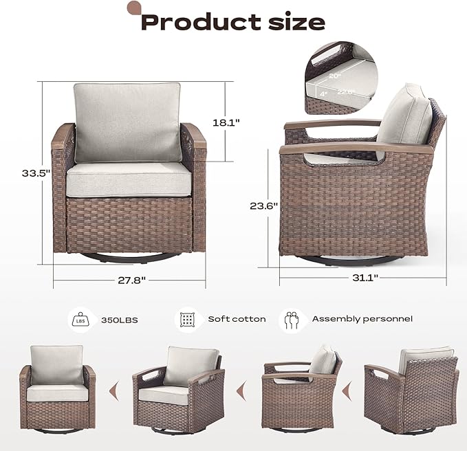 Rilyson Outdoor Patio Swivel Rocking Chairs Set of 2, All Weather Wicker, Metal Armrest, Deep Seating, Thick Comfortable Cushions, Ideal for Deck Porch Backyard, Brown/Beige