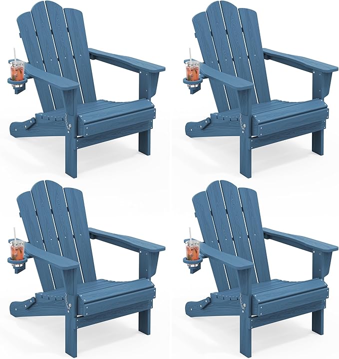 KINGYES Folding Adirondack Chair Set of 4, HDPE All-Weather Patio Chairs with Cup Holder, Wooden Textured Fire Pit Chairs for Poolside, Backyard, Deck, Navy
