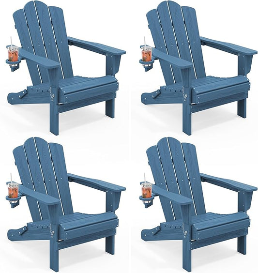 KINGYES Folding Adirondack Chair Set of 4, HDPE All-Weather Patio Chairs with Cup Holder, Wooden Textured Fire Pit Chairs for Poolside, Backyard, Deck, Navy