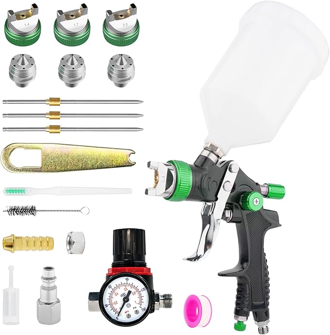 Professional HVLP Spray Gun Set 1.4/1.7/2.0mm Nozzles Adjustable Gravity Feed Air Spray Gun with 600cc Cup & Gauge for Auto Paint, Primer, Top Coat