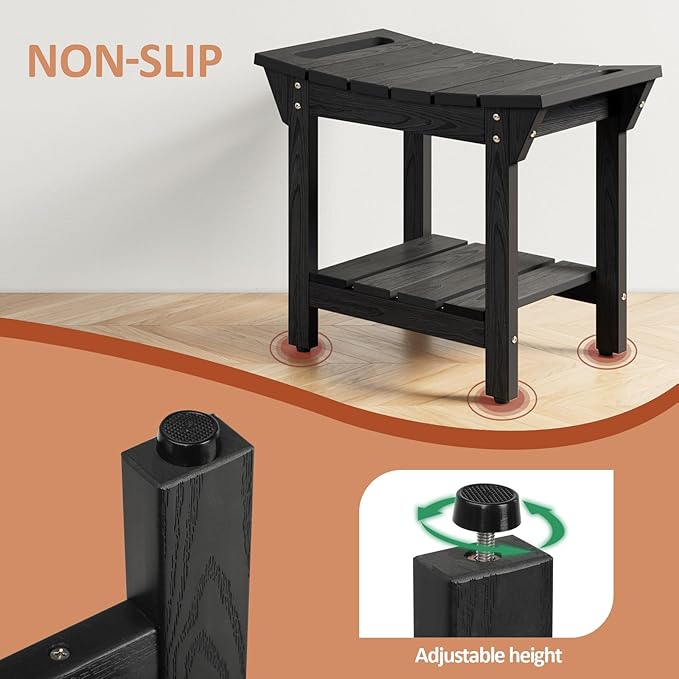 Stoog Shower Bench, Waterproof Shower Stool with Storage Shelf and Handles, Adjustable and Non-Slip Feet (Black, 18.6")