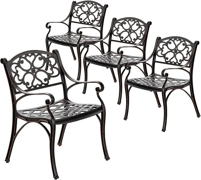 Cast Aluminum Outdoor Dining Chairs Set of 4, 4 Piece All Weather Cast Aluminum Patio Bistro Chairs with Armrest for Balcony, Backyard, Garden