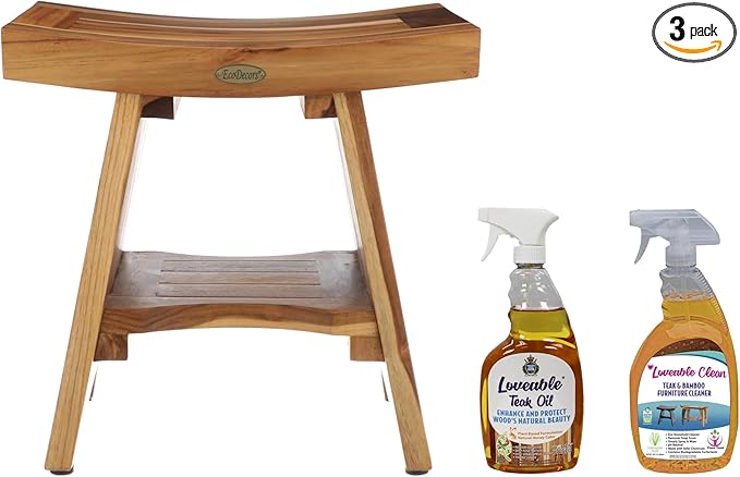EcoDecors Fully Assembled, Serenity 18" Teak Shower Bench, with Shelf, Wooden Shower Bench, Shower Stool, Plus Teak Care Bundle, Teak Oil Spray, Compact Fit for Small Bathrooms, Sauna Bench