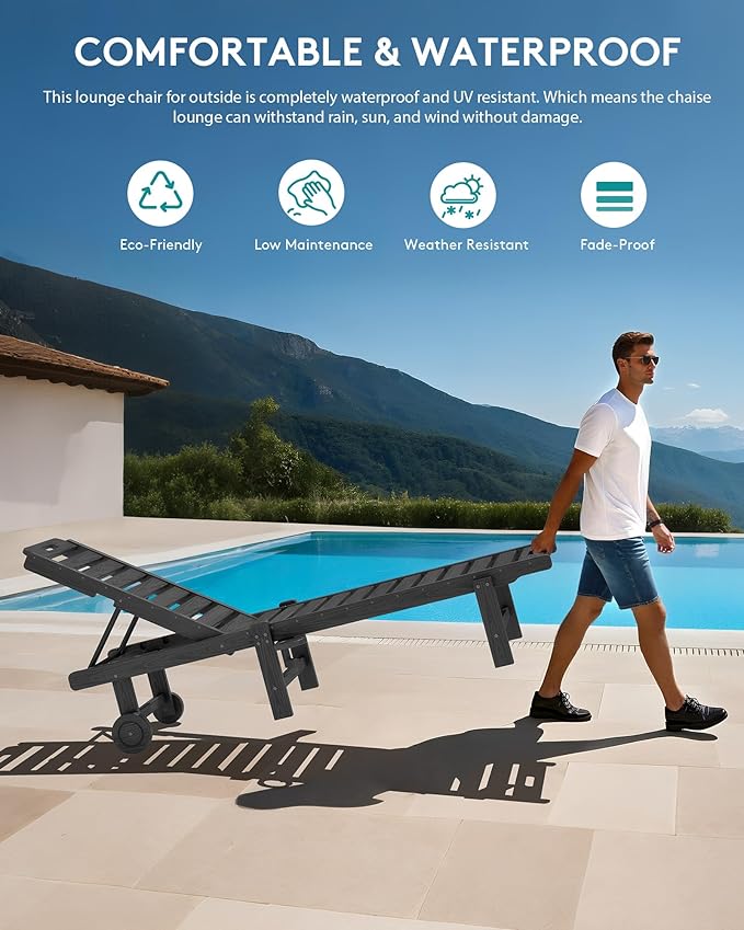 SERWALL Patio Lounge Chairs Set of 2, HDPE Outdoor Chaise Lounge with Cup Holder, 5 Positions Adjustable Pool Lounge Chair with Rolling Wheels for Poolside, Deck, Sunbathing, Grey