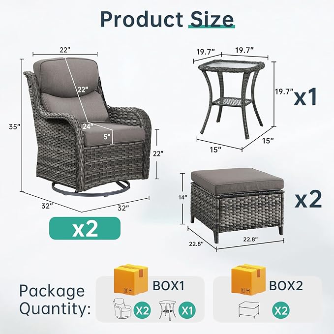Outdoor Swivel Rocker Patio Chairs with 2 Ottomans - 5" Thick Cushion 5 Piece Furniture Set All Weather Wicker Conversation Set with Side Table for Porch Poolside and Deck - Gray/Gray