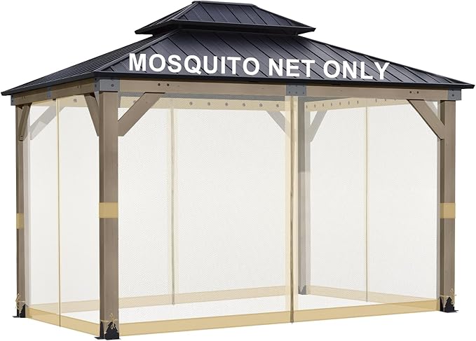 BPS 10' x 12' Gazebo Universal Mosquito Netting Screen Replacement, 4-Panel Screen Walls with Double Zippers for Outdoor Patio, Khaki (Mosquito Net Only)