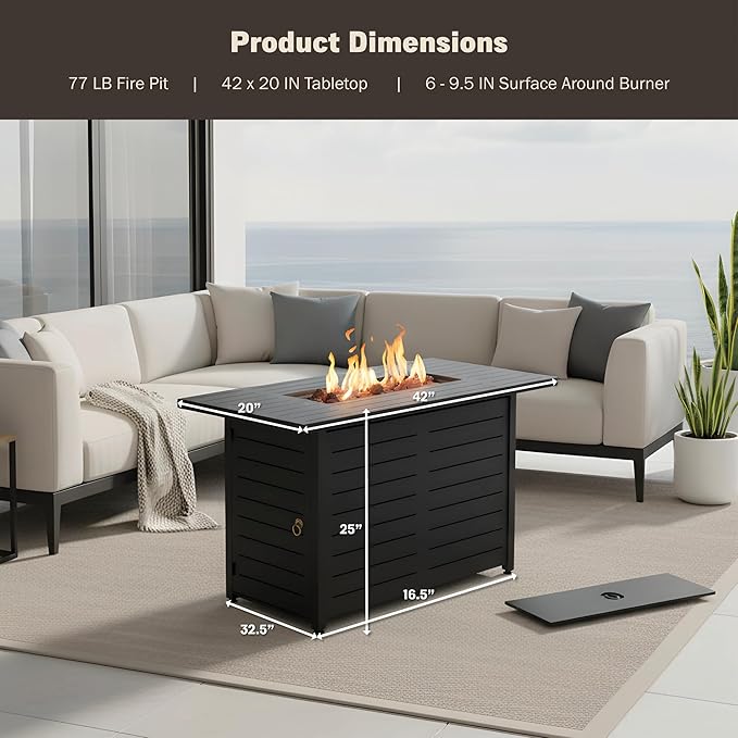 Kinger Home 42-Inch Ore Outdoor Propane Fire Pit Table 50000 BTU, CSA Certified, Powder-Coated Stainless Steel Patio Firepit with Lava Rocks, Black