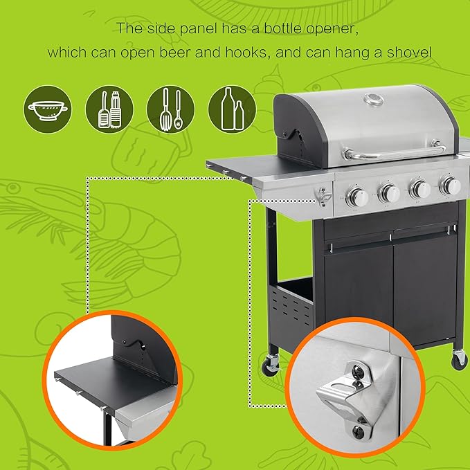 4 Burner Propane Gas Grill with Side Burner, 46,500 BTU Stainless Steel BBQ Grill with Foldable Shelves, Thermometer, Wheels, Ideal for Patio, Backyard, Outdoor Cooking, Barbeque