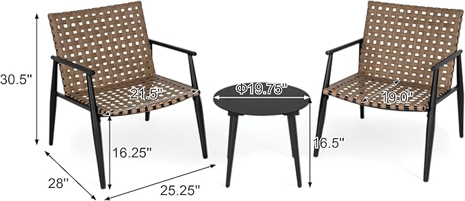 Outdoor 3 Pieces Bistro Set, Leather-Look Wicker Patio Chair Set with Aluminum Frame for All-Weather Porch Backyard Balcony Chairs and Table