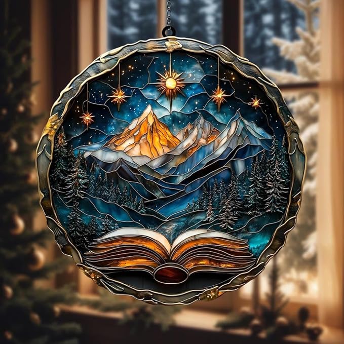 Book Christmas Ornament Bookish Acrylic Suncatcher with Mountain Scenery Stained Glass Effect Window Hanging for Book Lover Reading Nook Decor Gift for Librarian Readers